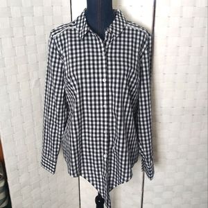 EUC Isaac Mizrahi Live! Front tie bl/white check lg sleeve 14 blouse 100% cotton